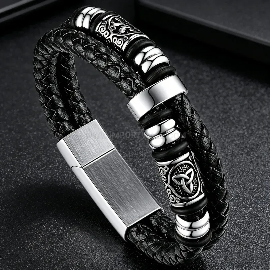 Classic Men Stainless Steel Magnetic Clasp Faux Leather Cuff Bracelet