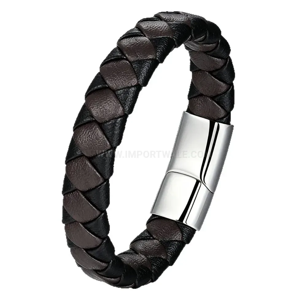 Stylish Braided Leather Cord Bracelet With Metallic Clasp
