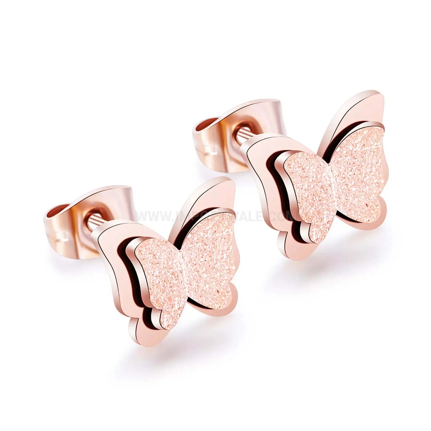 Trendy Double-Layer Frosted Butterfly Titanium Stainless Steel Stud Earrings