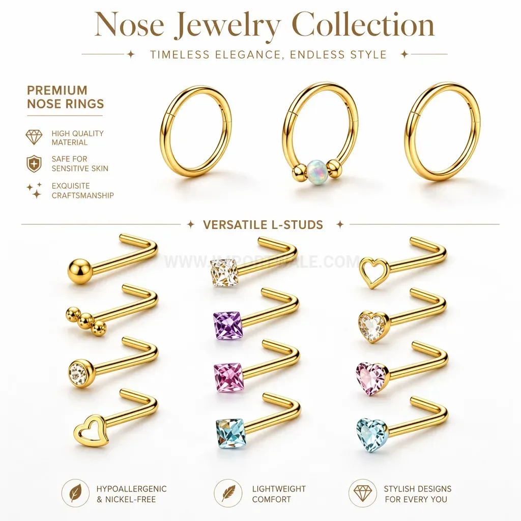Stylish Stainless Steel Colorful Cubic Zirconia L Shape Nose Stud and Hoop Set