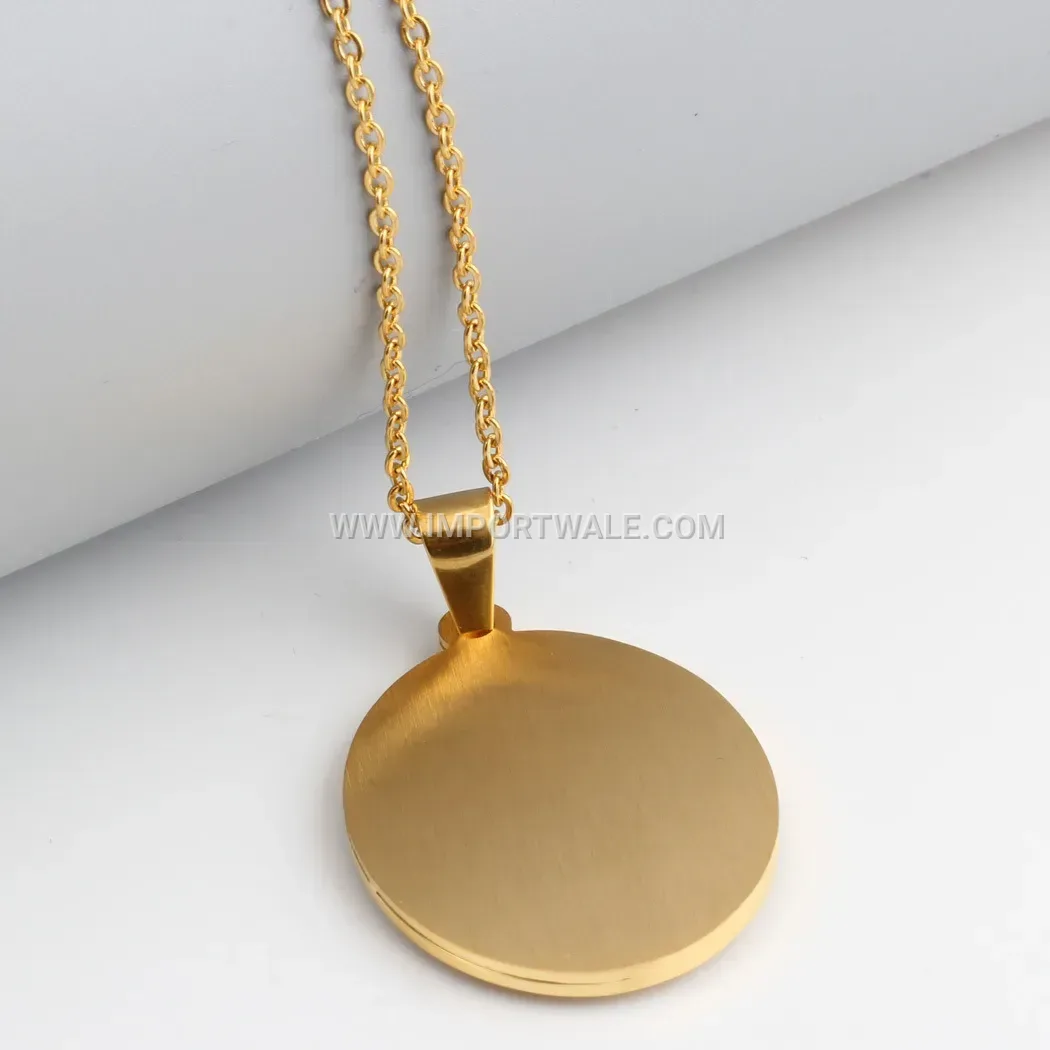 Gold Stainless Steel Shell Circular Disc Pendant Necklace