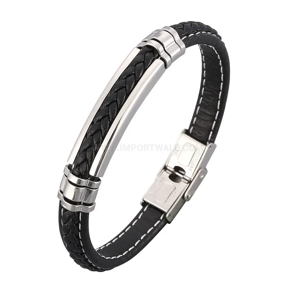 Polished Stainless Steel Minimalist Black Leather Strap Bracelet