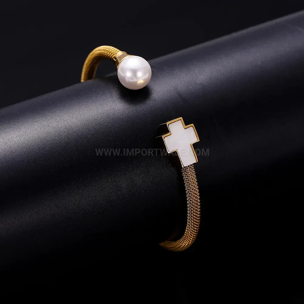 Elegant Stainless Steel Cable Bangle Bracelet with Pearl and Cross Details