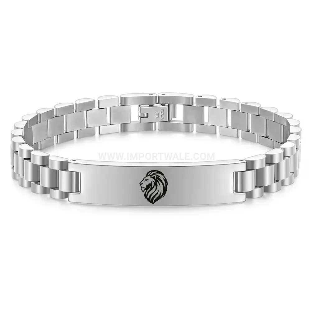 Men's Stainless Steel Lion Head Engraved Watch Link Bracelet