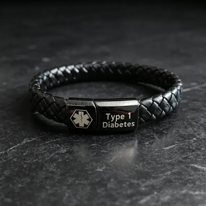 Designer Engraved Stainless Steel Medical Alert Microfiber Leather Bracelet