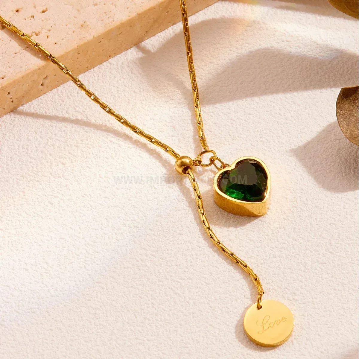 Premium Adjustable Gold Titanium Steel Heart Necklace with Emerald Zircon