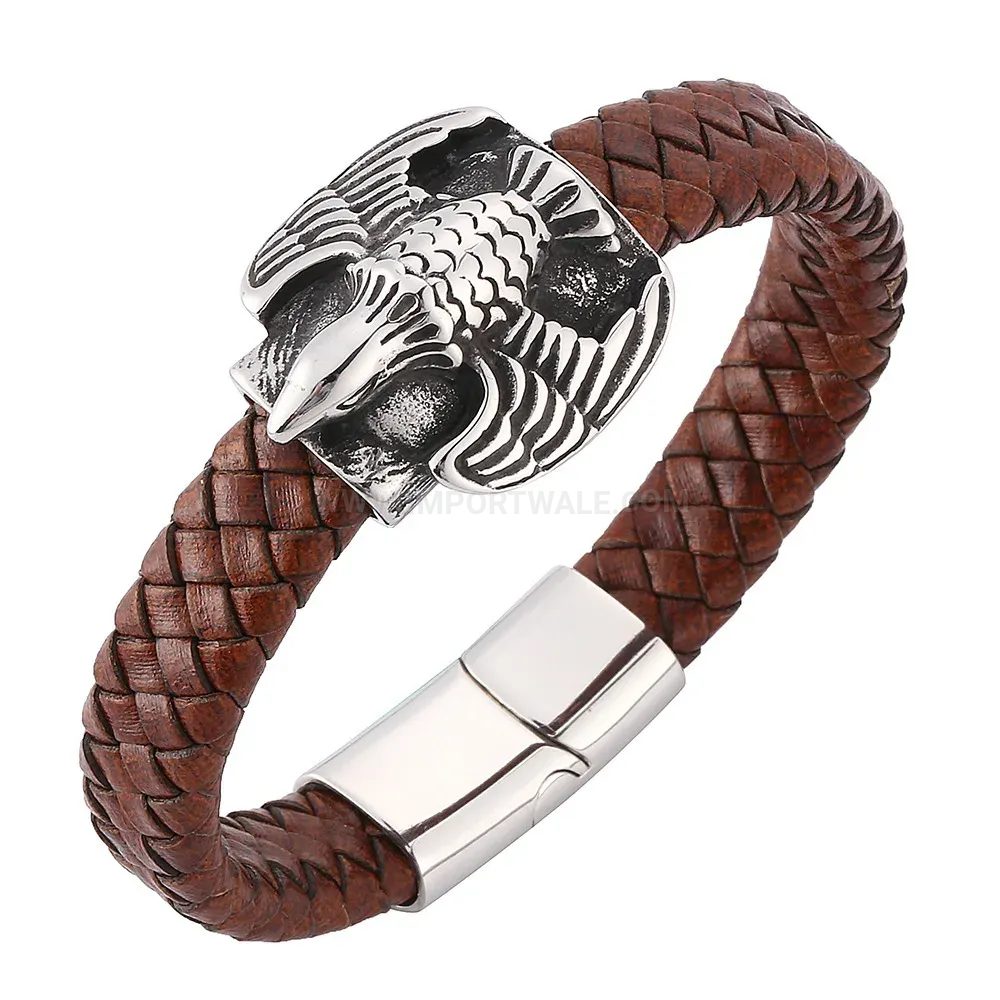 Stylish Braided Brown Leather Wristband with Stainless Steel Magnetic Lock