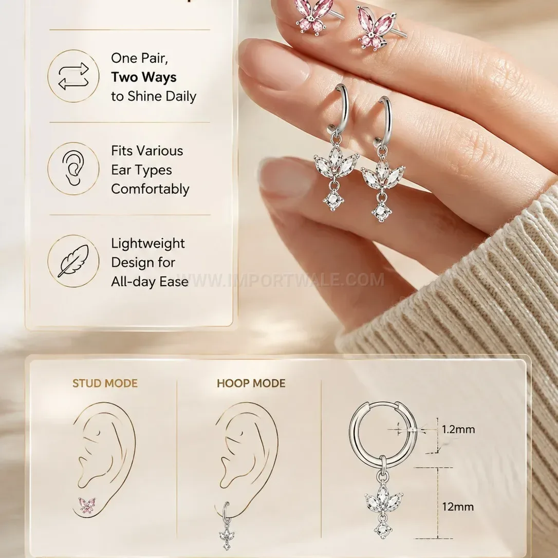 Elegant Pink Floral Cubic Zirconia Flat Back Stainless Steel Earring Set