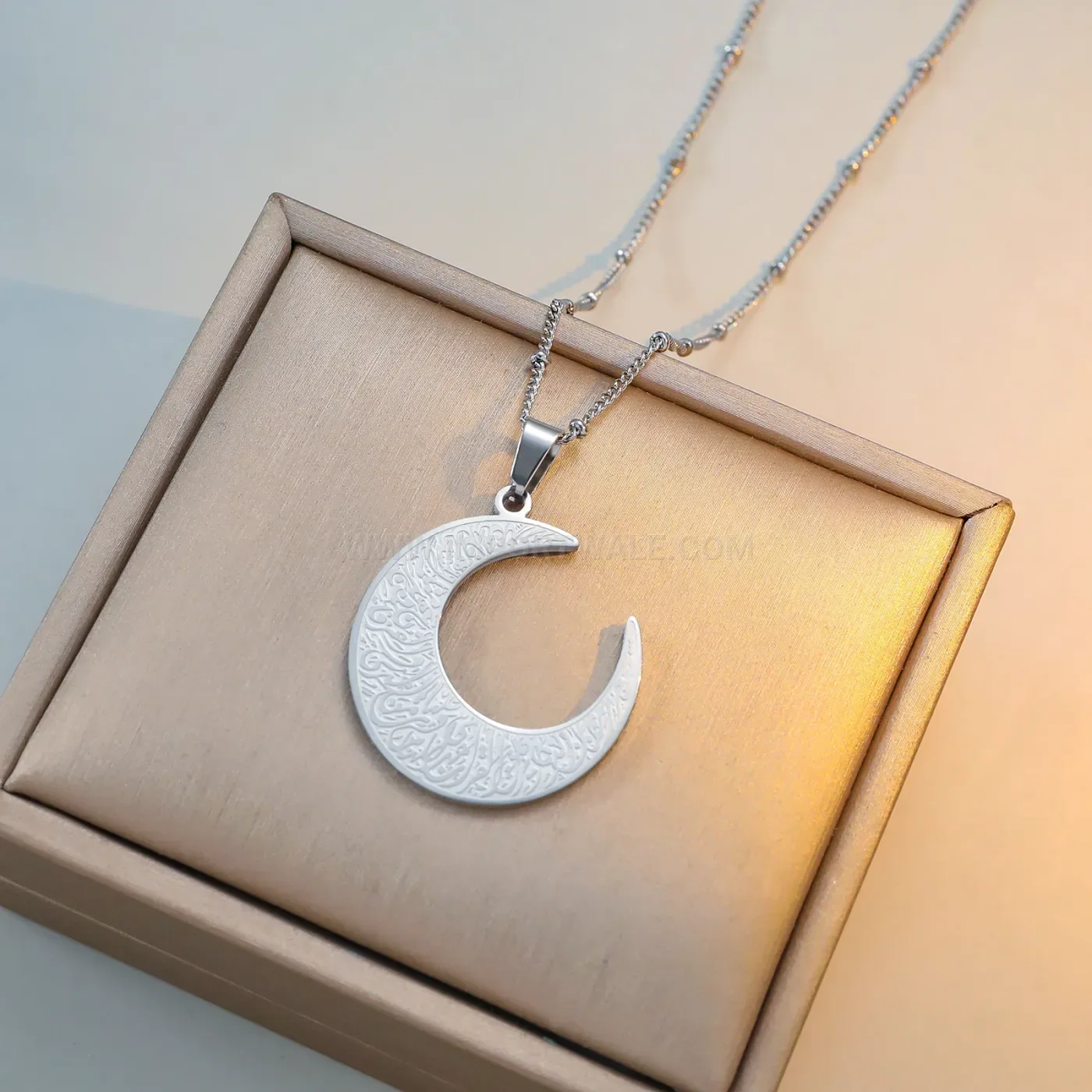 Fashion Stainless Steel Crescent Ayatul Kursi Pendant Link Chain Necklace