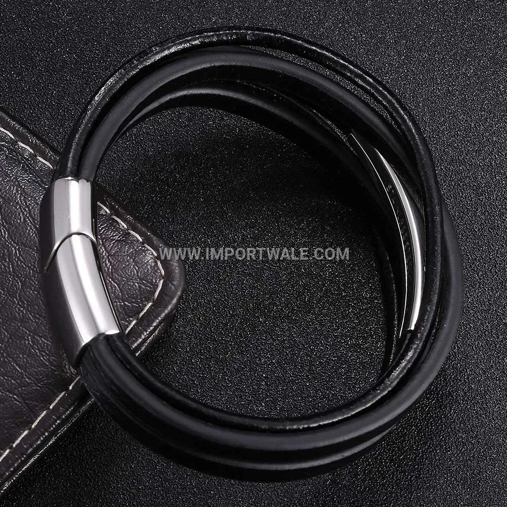 Layered Black Cowhide Leather and Stainless Steel Wristband Bracelet