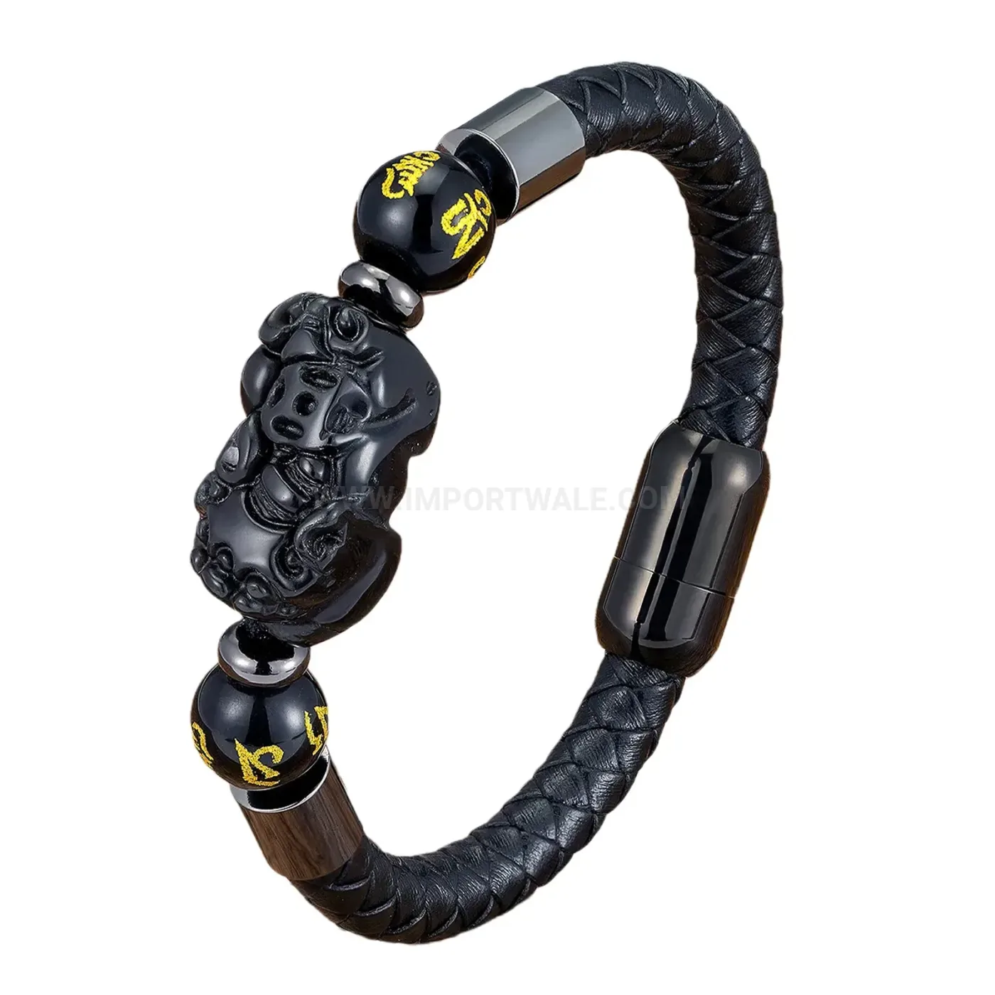 Pixiu Stone Leather Braided Magnetic Stainless Clasp Bracelet