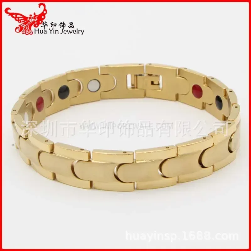 Stylish Polished Gold Stainless Steel Bio Magnetic Link Bracelet