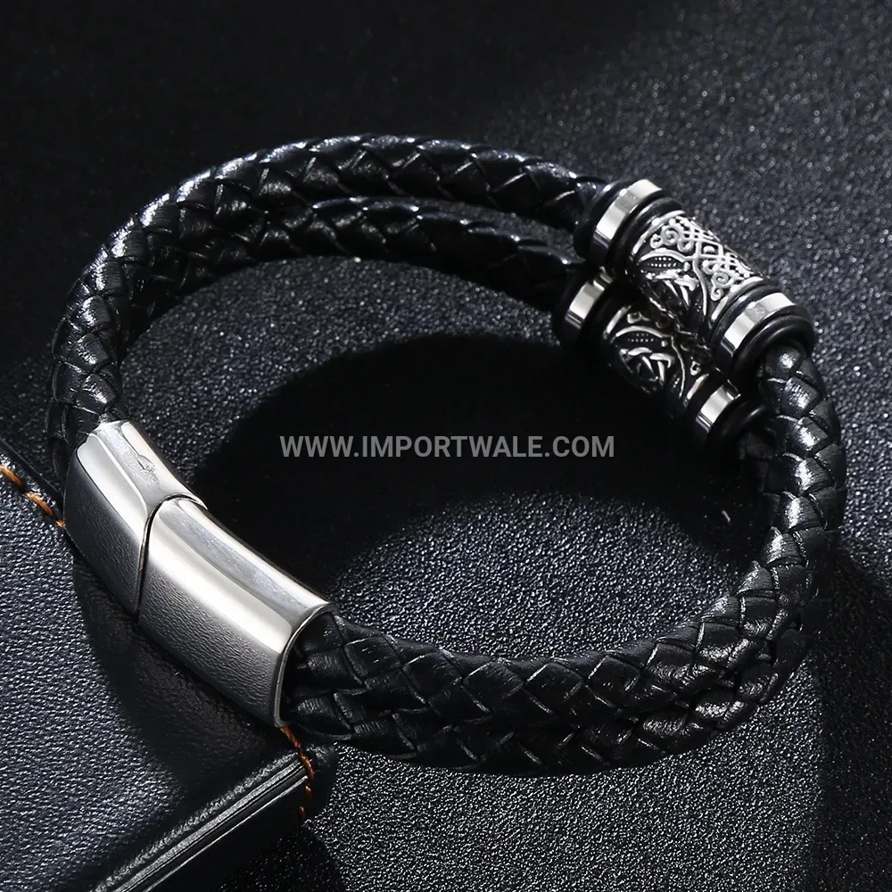 Woven Black Leather Cuff Bracelet with Stainless Steel Hardware