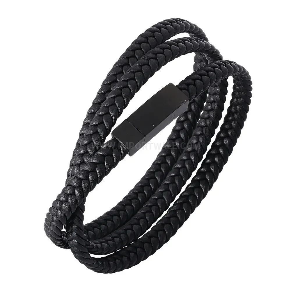 Multi Strand Leather Wrap Bracelet with Stainless Steel Accents