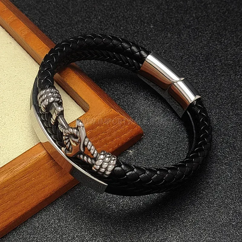 Premium Handcrafted Stainless Steel Anchor Hook Two-Tone Leather Bracelet
