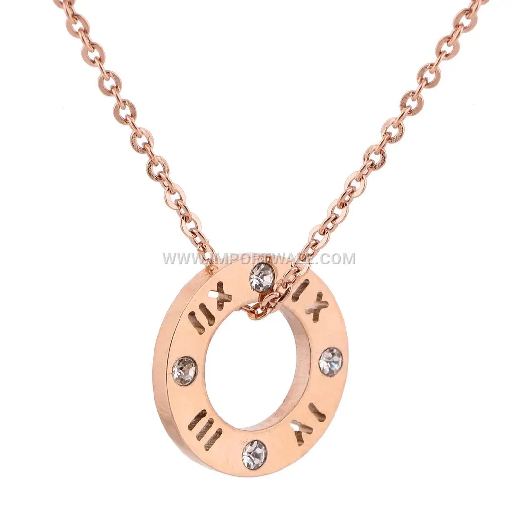 Stainless Steel Cutout Roman Numeral Rhinestone Circular Necklace