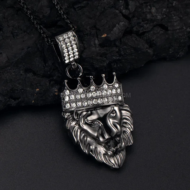 Bold Crowned Lion Head Rhinestone Pendant Long Necklace