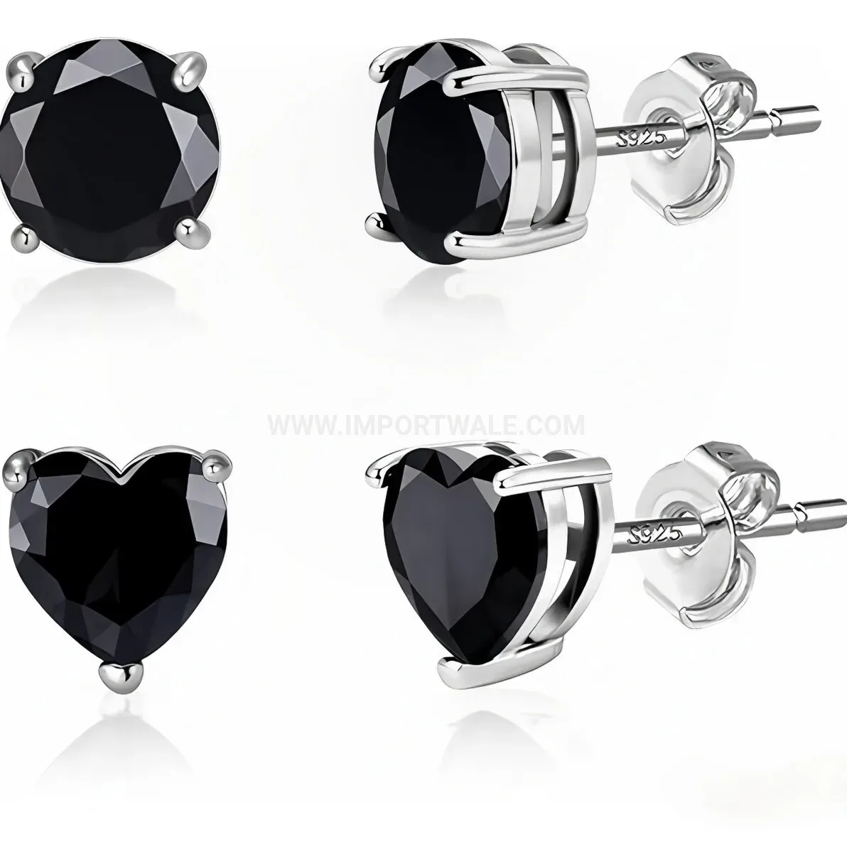 Trendy Stainless Steel Black Gemstone Heart and Round Piercing Stud Earrings Set
