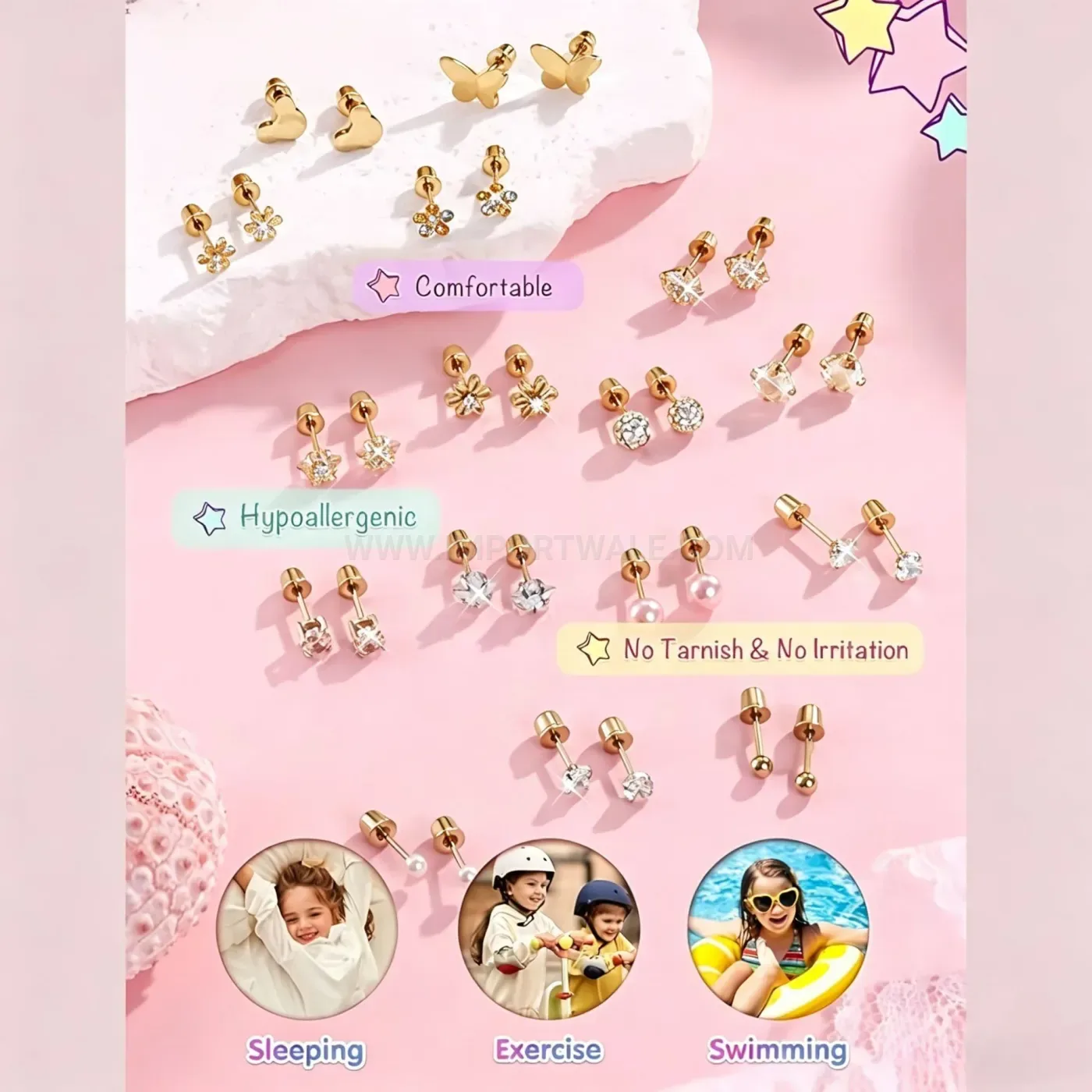 Modern Stainless Steel Heart Floral Flat Back Piercing Stud Set