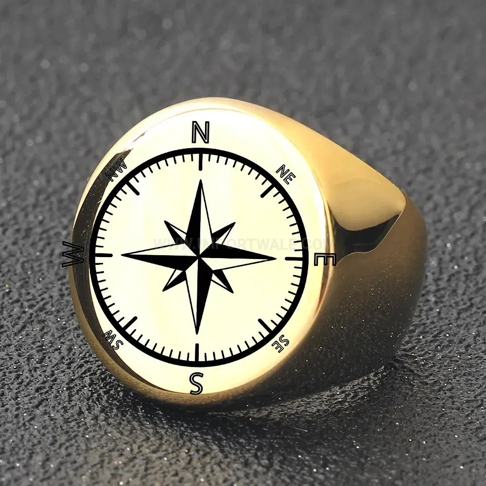 Elegant Laser Engraved Compass Motif Vintage Stainless Steel Ring