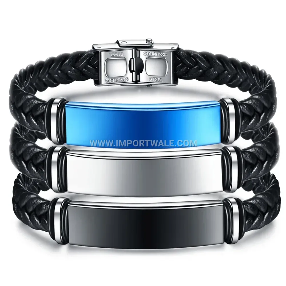 Braided Leather and Stainless Steel Bangle Bracelet