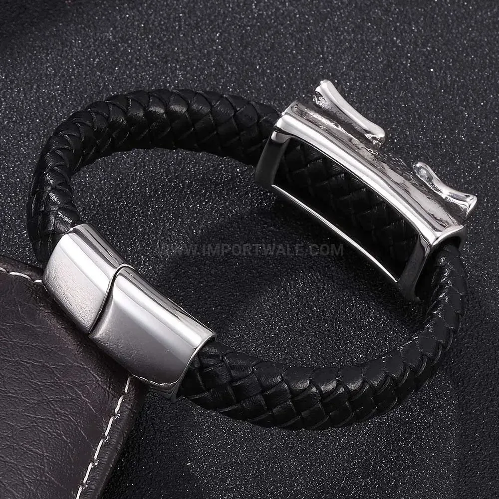 Chic Punk Skull Angel Wings Leather Stainless Steel Wristband