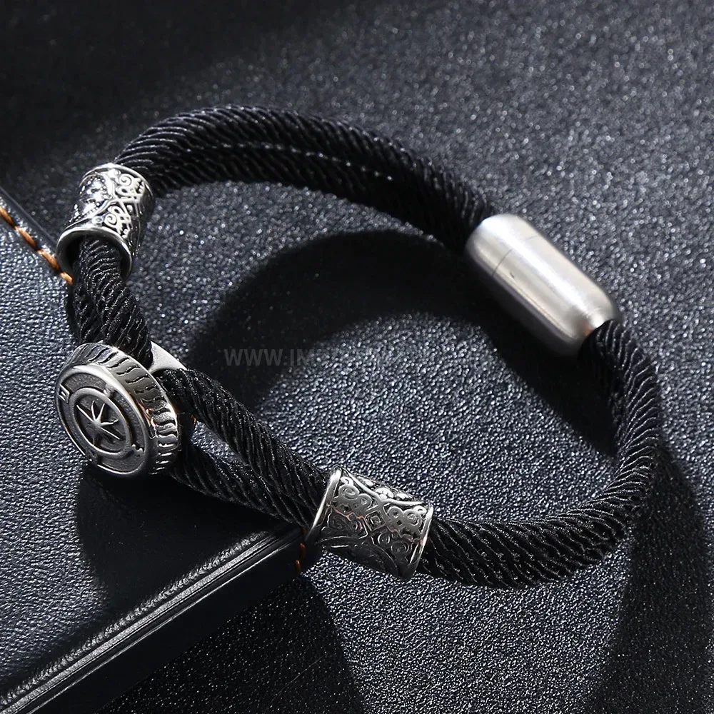 Dual-Strand Woven Leather Stainless Steel Viking Bracelet