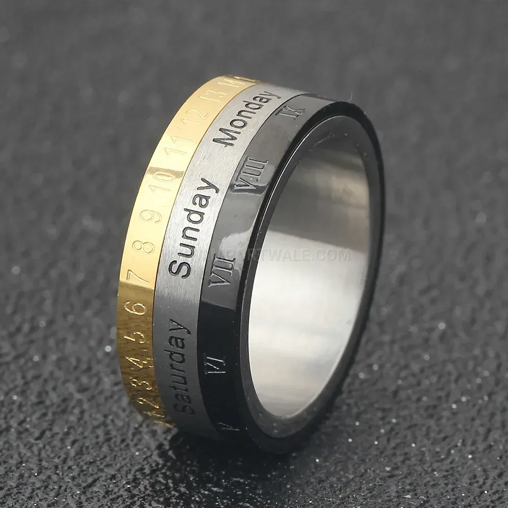 Classic Tri Color Roman Numeral Spinner Stainless Steel Ring
