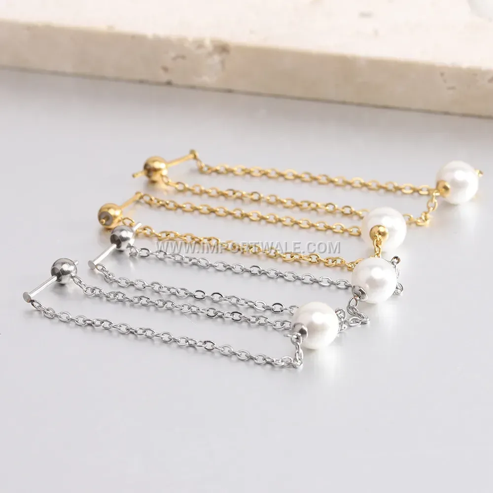Minimalist Stainless Steel Long Chain Tassel Earrings with Pearl Accent