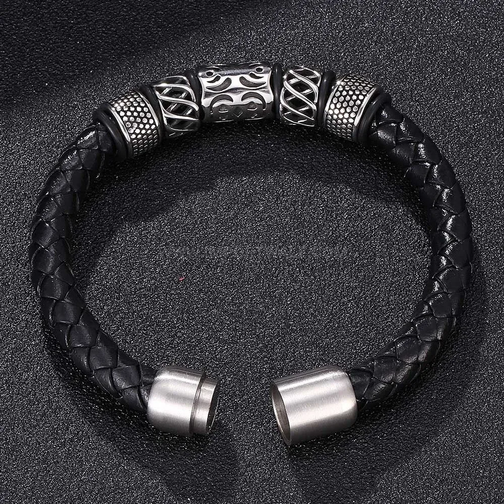 Braided Genuine Leather Cord Wristband With Vintage Stainless Steel Clasp