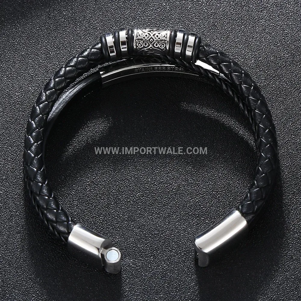 Braided Black Leather Men Bracelet with Stainless Steel