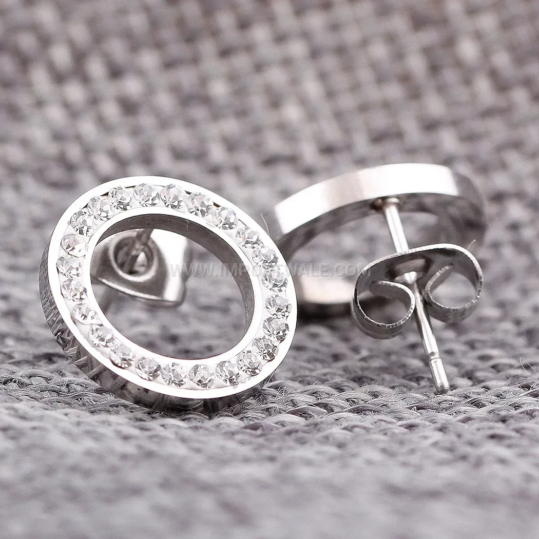 Hollow Round Stainless Steel Crystal Stud Earrings