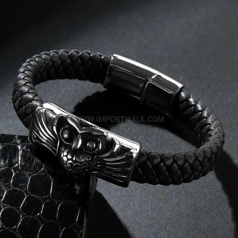 Modern Detailed Owl Charm Stainless Steel Leather Wristlet Bracelet