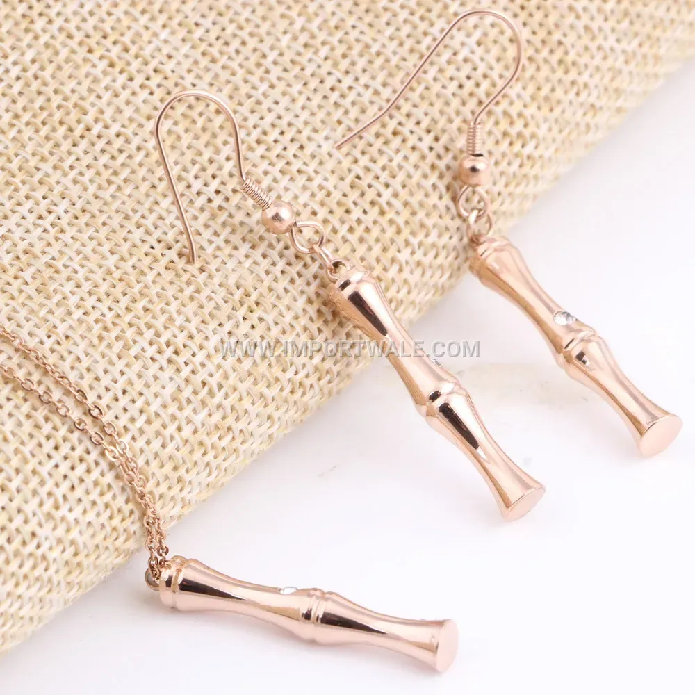Bamboo Motif Rhinestone Pendant Necklace and Earrings Jewelry Set