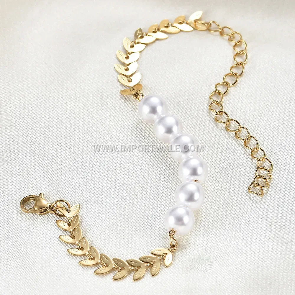 Stainless Steel Leaf Splice Bracelet with Faux Pearl