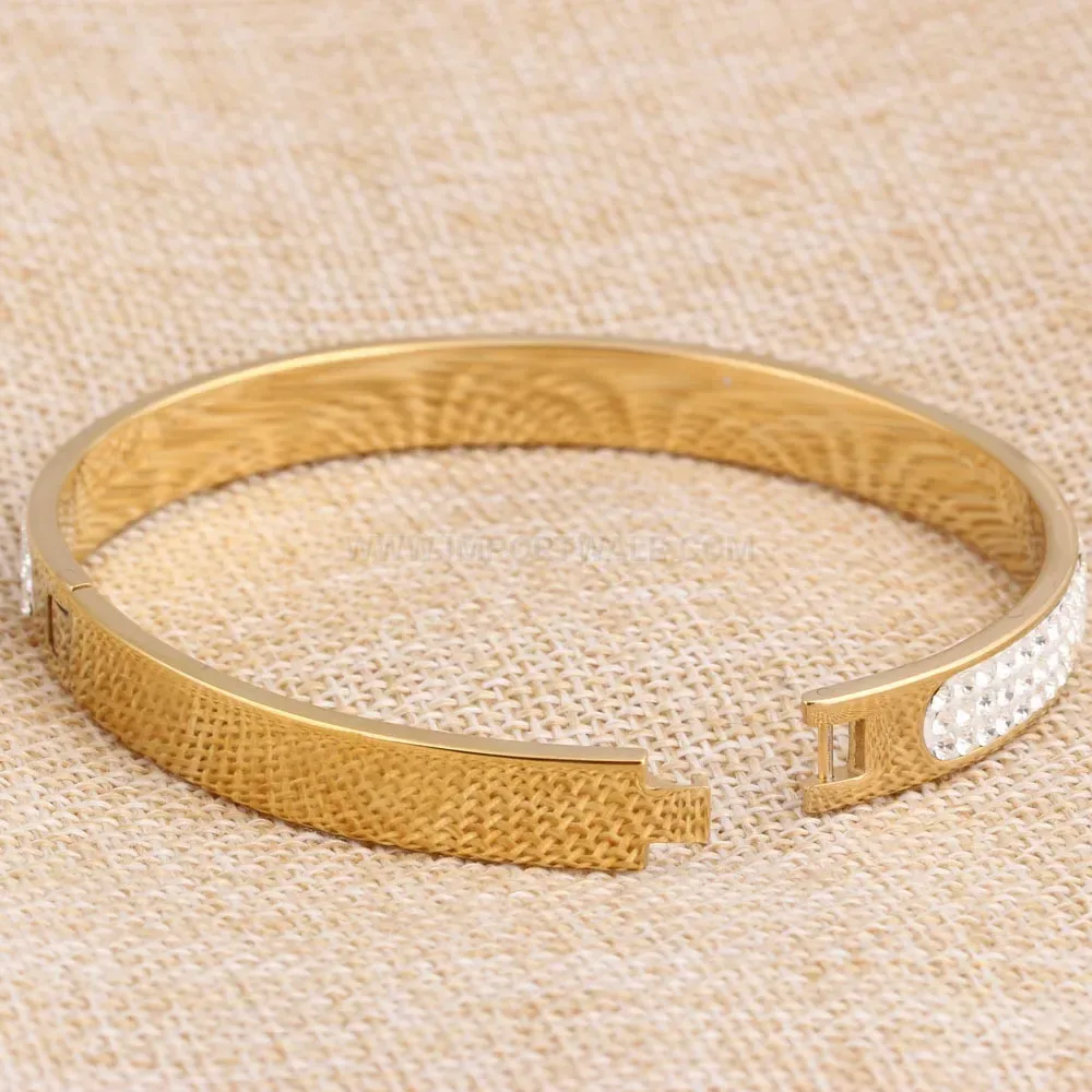 Premium Gold Stainless Steel Three Row Rhinestone Open Cuff Bangle