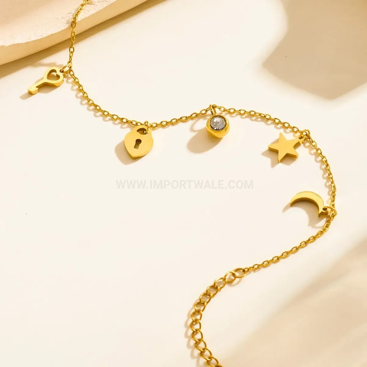 Trendy Celestial Stainless Steel Star and Moon Gold-Plated Bracelet