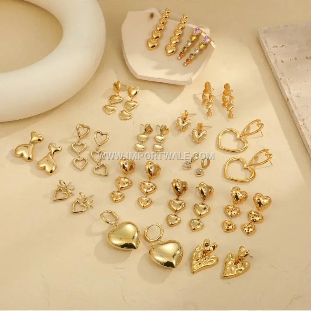 Eighteen Karat Gold Plated Heart Pendant Stud Earrings