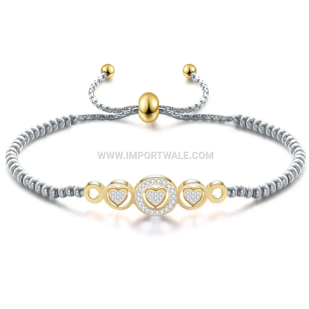 Adjustable Stainless Steel Heart Beaded Bracelet with Rhinestone Accents