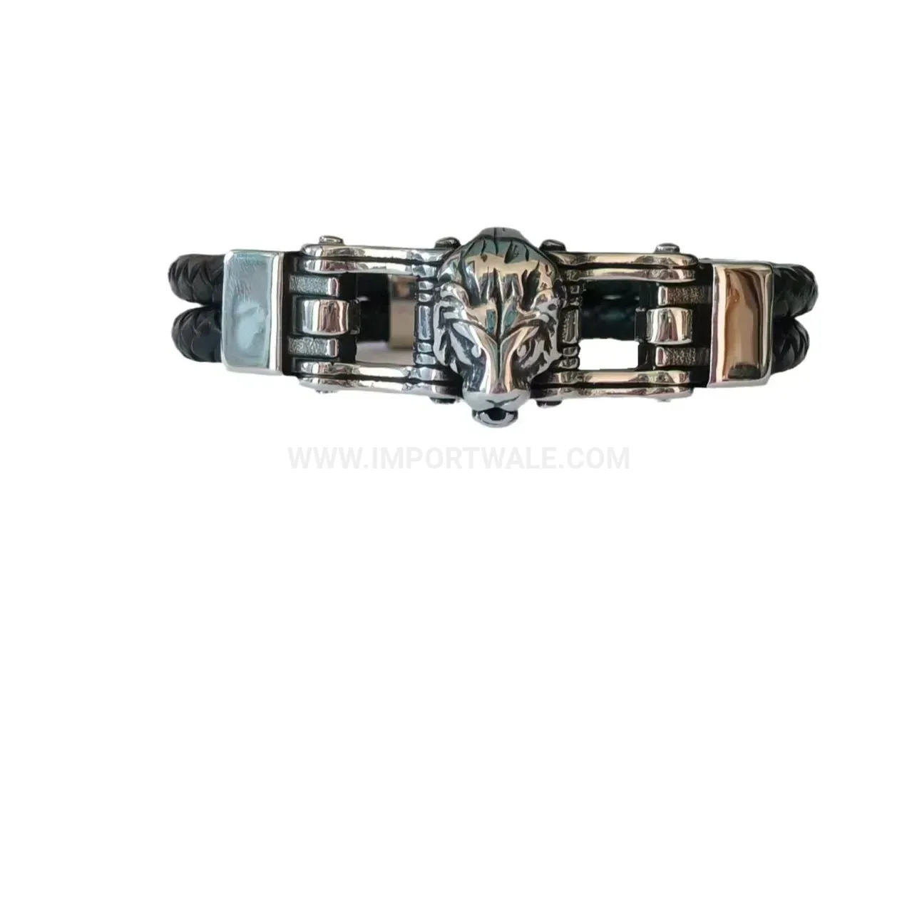 Sculpted Lion Head Stainless Steel Magnetic Leather Bracelet