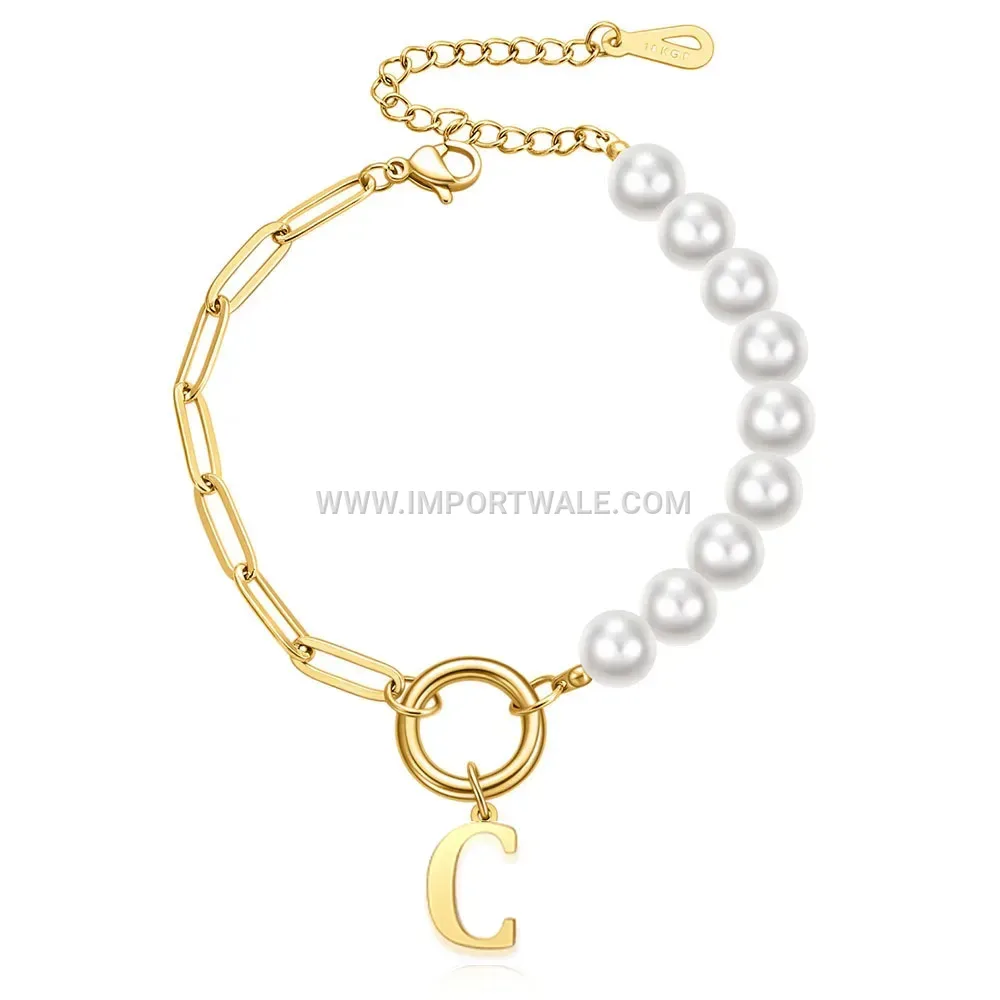 Imitation Pearl and Safety Pin Stainless Steel Initial Charm Bracelet