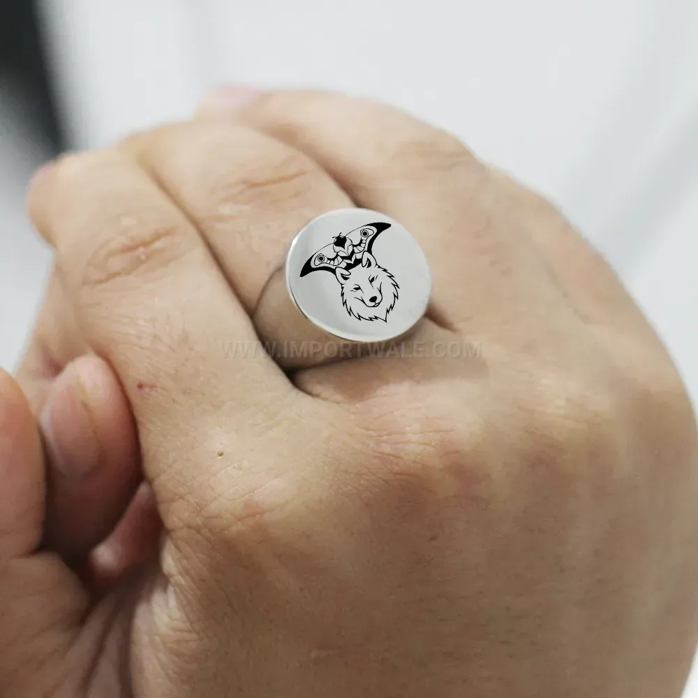 Elegant Laser-Engraved Eagle and Wolf Stainless Steel Signet Ring