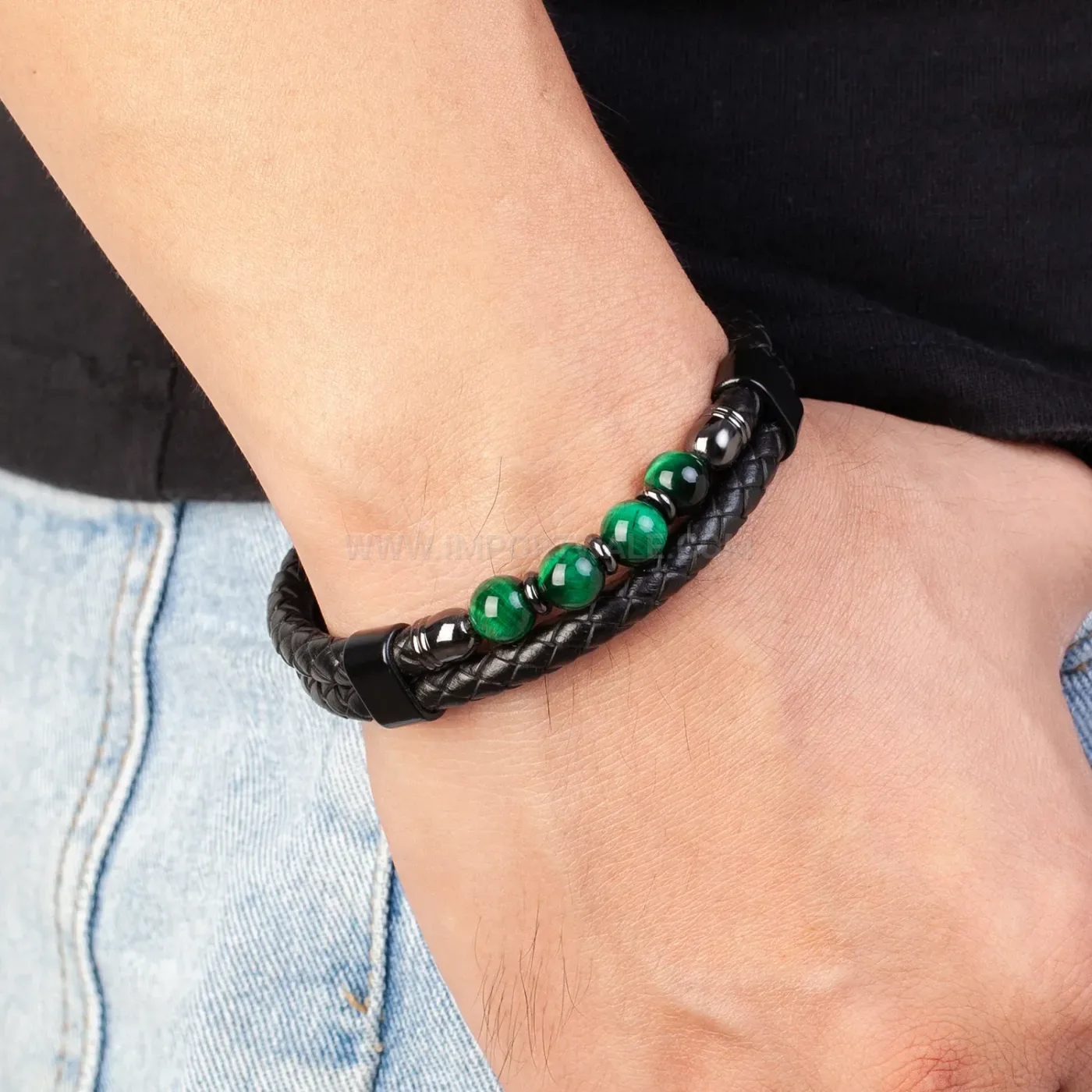 Dual Layer Stone and Braided Leather Bracelet with Clasp