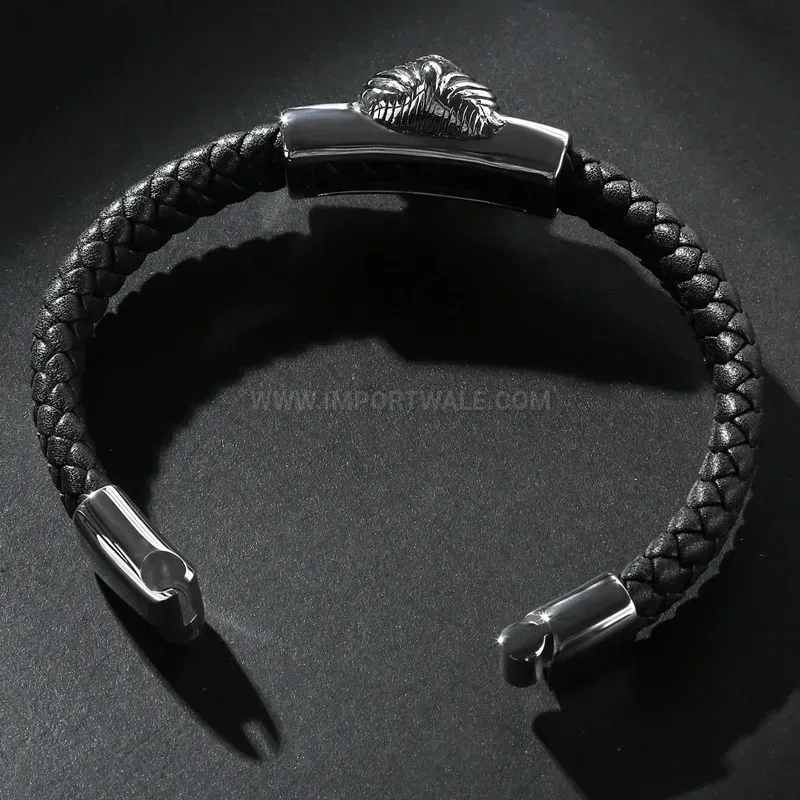 Premium Multicolor Leather Stainless Steel Bull Head Men Bracelet