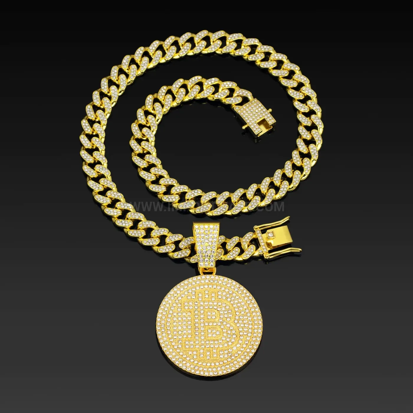 Classic Rhinestone Round Letter B Medallion Cuban Link Necklace