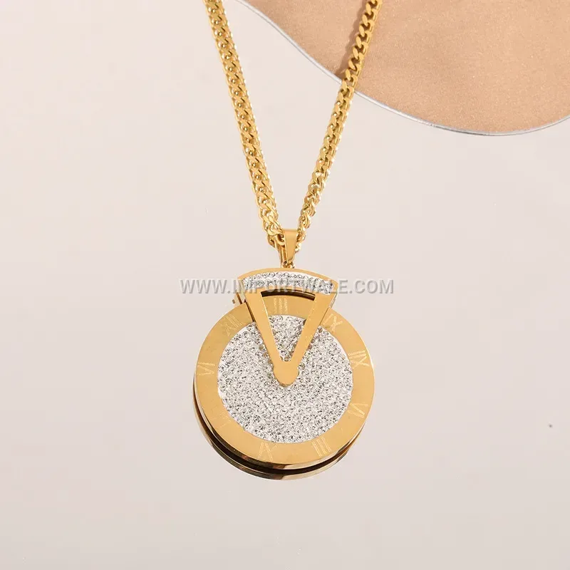 Rotatable Rhinestone Disc Pendant Long Chain Necklace