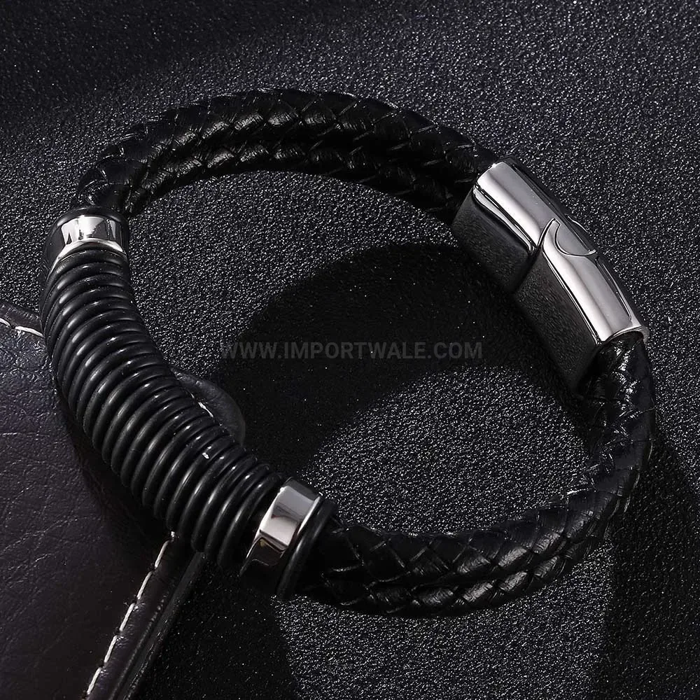 Dual Strand Braided Leather Bracelet with Stainless Steel Magnetic Lock