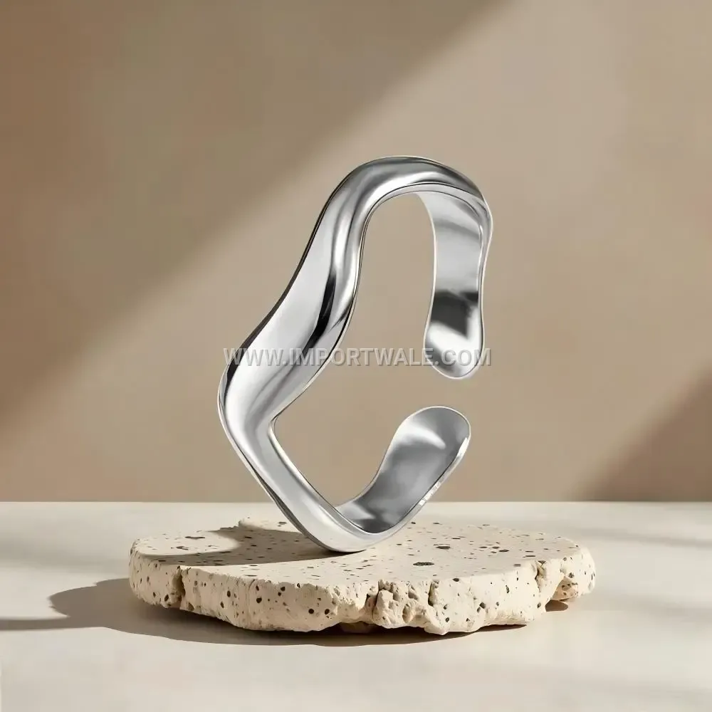 Geometric Wave Adjustable Stainless Steel Open Ring