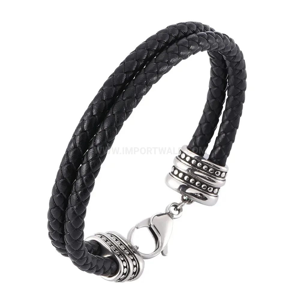 Hand-Braided Leather and Stainless Steel Geometric Cuff Bracelet