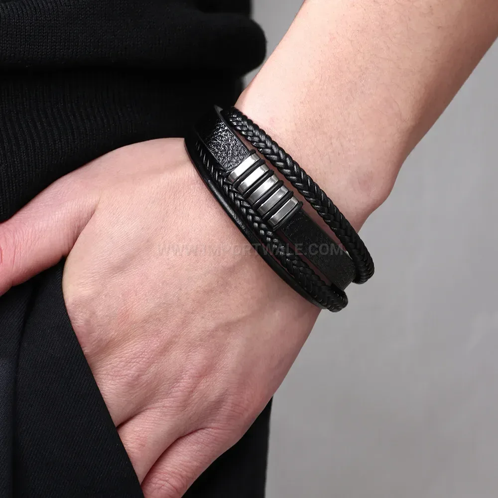 Bold Braided Leather Wristband with Alloy Magnetic Clasp